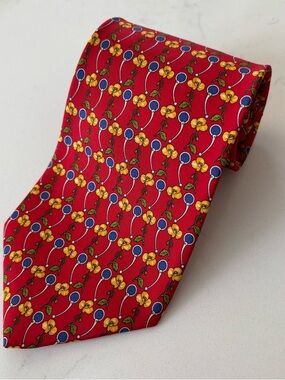 Paul Fredrick Men’s Tie Red W/Yellow Flowers Blue Stirrup Silk Handmade USA